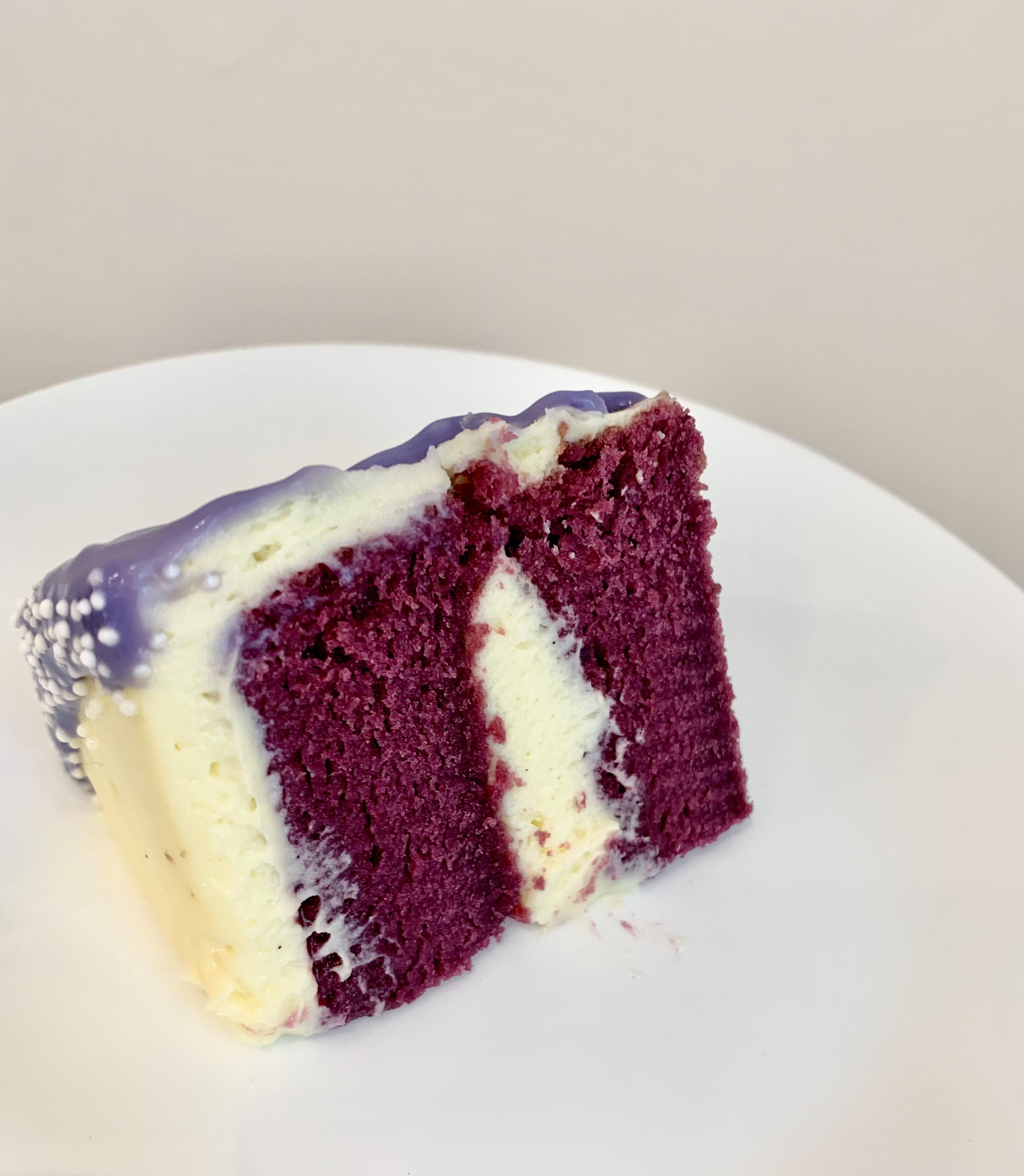 Week 15: Decoration challenge - monochrome purple velvet cake with (purple)  white chocolate cream cheese frosting : r/52weeksofbaking